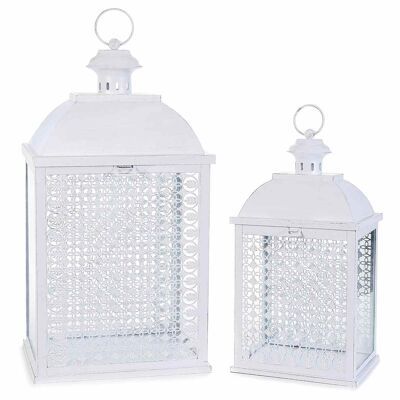 Perforated white metal lanterns with a rectangular base to hang or stand in a set of two pieces