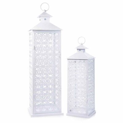 Set of 2 long lanterns in perforated white metal with a rectangular base