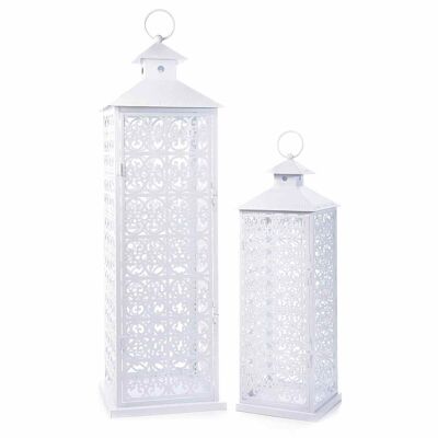 Juego de 2 faroles largos de metal blanco perforado con base rectangular