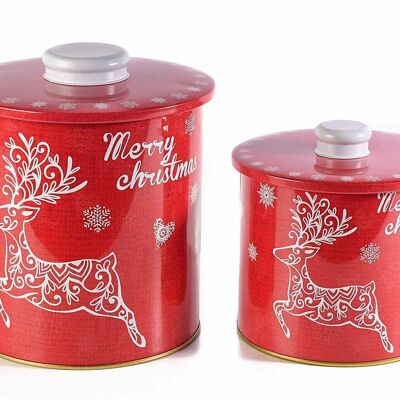 Metal cylinder Christmas containers with Merry Christmas reindeer