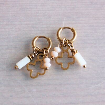 Stainless steel hoop earrings with 3 charms - gold/mother-of-pearl