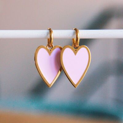 Stainless steel hoop earrings with long colored heart - light pink/gold