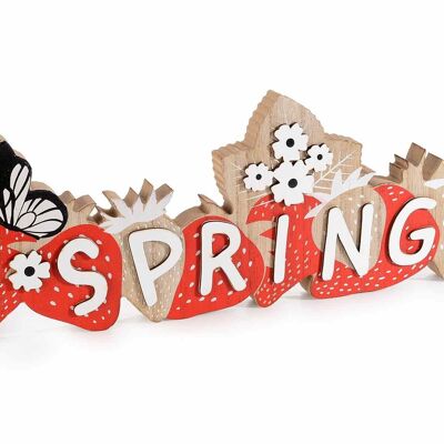 Primavera Escritura decorativa Primavera en madera coloreada con fresas y flores.