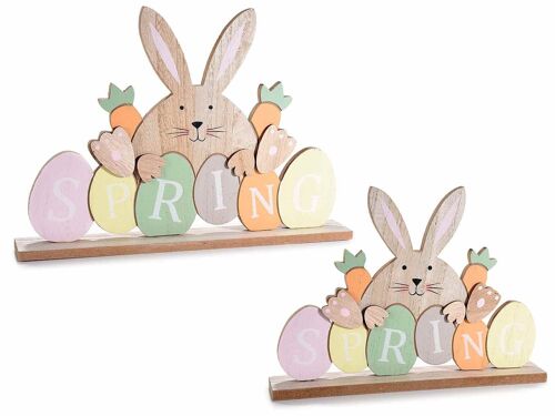Decori in legno colorato con coniglio e scritta "Spring" in set da due pezzi