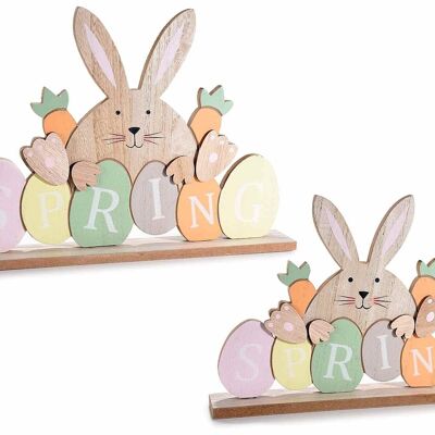 Bunte Holzdekorationen mit Hase und „Spring“-Schriftzug im Set zu zweit