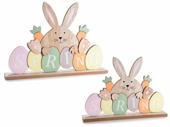 Décorations en bois colorées avec lapin et écriture "Printemps" dans un ensemble de deux pièces