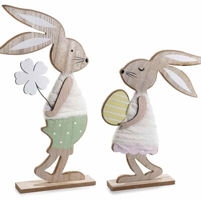 Lapins de Pâques en bois avec robe en fleur, œuf et laine bouillie