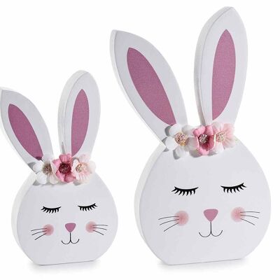 Wooden rabbits with flower crowns to place in a set of two pieces