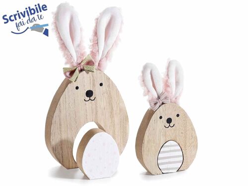 Conigli pasquali in legno con orecchie in tessuto e ovetto estraibile in set da due pezzi