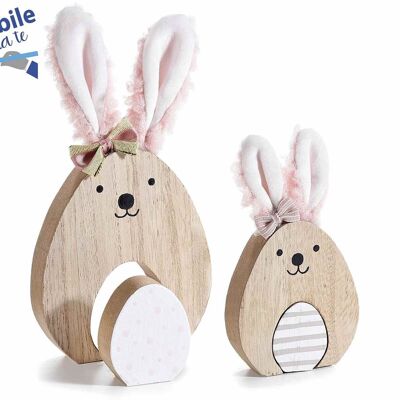 Wooden Easter rabbits with fabric ears and removable egg in a set of two pieces
