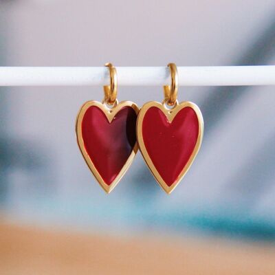 Stainless steel creoles with long colored heart - bordeaux/gold