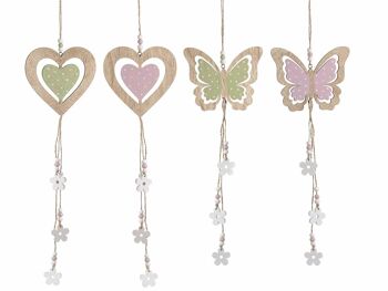 Décorations papillons et coeurs en bois à accrocher avec des pendentifs