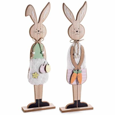 Lapins de Pâques en bois avec carottes, œufs et robe en fourrure écologique