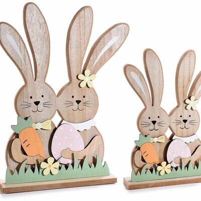 Pairs of wooden Easter rabbits with carrot and egg in a two-piece set