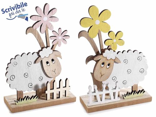 Pecorelle decorative in legno con fiori e staccionata