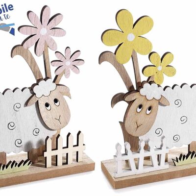 Decorative wooden sheep with flowers and fence