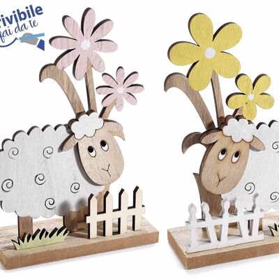 Pecorelle decorative in legno con fiori e staccionata