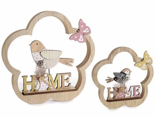 Fiori decorativi in legno con uccellino e scritta Home in set da due pezzi