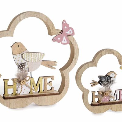 Flores decorativas de madera con pájaro y escritura casera en juego de dos piezas.