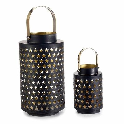 Cylindrical candle lanterns in black metal with star holes in a set of 2 pcs