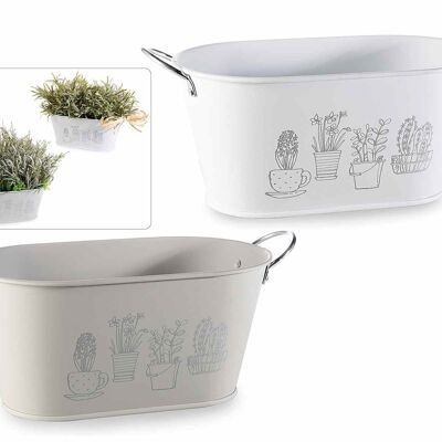 Vases ovales avec anse en métal blanc et gris imprimé végétal