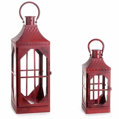 Square base lanterns in red colored metal in a set of two pieces