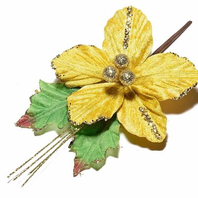 Artificial poinsettias with glitter and gold-colored berries