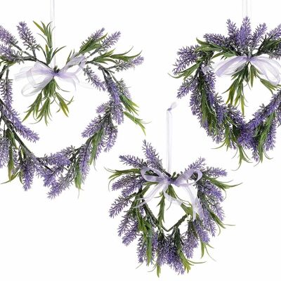 Artificial garland lavender hearts with ribbon to hang in a set of 3 pieces