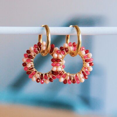 Stainless steel earring with facet pendant – red/pink/gold