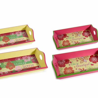 Set of 2 trays with wooden handles and flower print