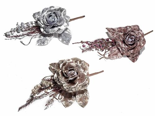 Rose artificiali in stoffa pick con glitter e bacche