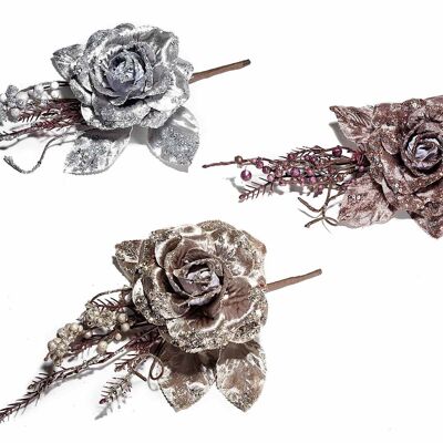 Artificial pick fabric roses with glitter and berries