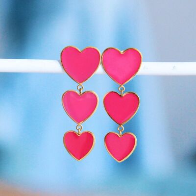 Statement earring 3 hearts - pink/gold