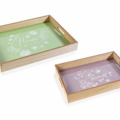 Set of 2 wooden and glass trays with elegant floral design