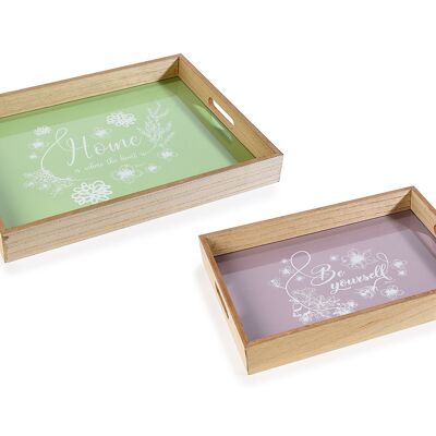 Set 2 vassoi in legno e vetro con elegante design floreale