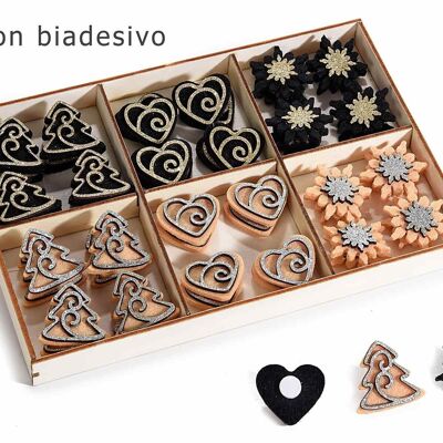 Wooden Christmas parcel stickers with ''Black chic'' glitter decorations in a display of 72 pieces 14zero3