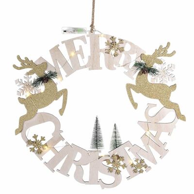 Merry Christmas wooden garlands to hang with lights, glitter details and artificial bouquets