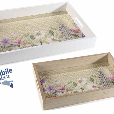 Set of 2 wooden trays with floral decorations and DIY writable handles
