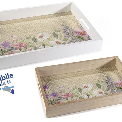 Lot de 2 plateaux en bois avec décorations florales et poignées inscriptibles DIY