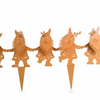 Corten-effect metal garden gnomes in a row to decorate flowers and plants