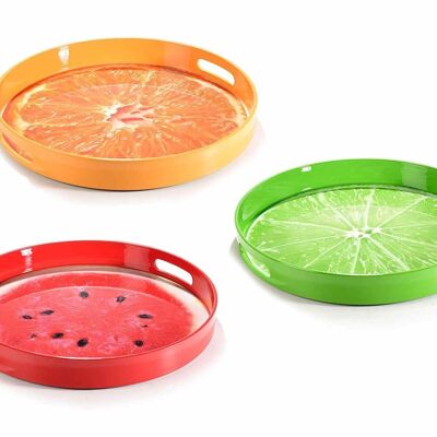Bandejas redondas de plástico con diseño de frutas.