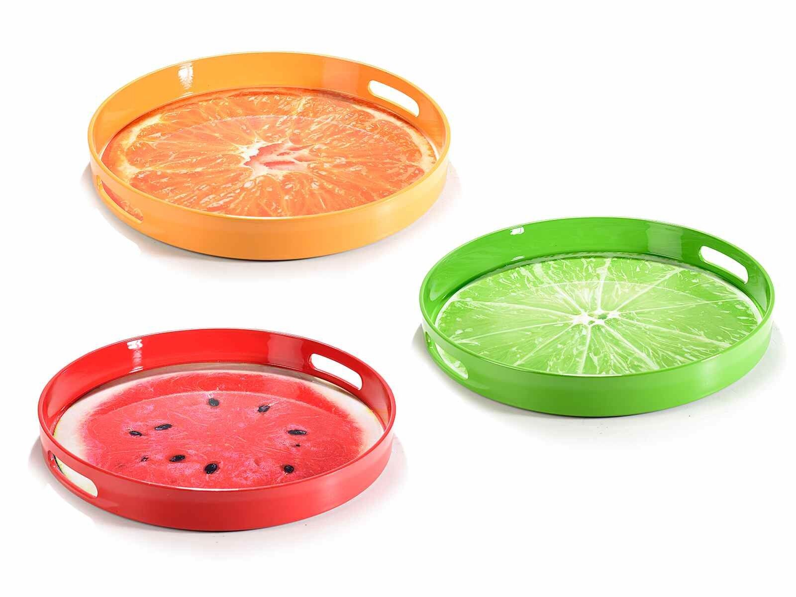 Runde Kunststofftabletts mit Fruchtdesign