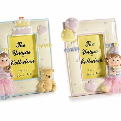 Happy Birthday photo frames in shiny resin with bear and little girl with tulle skirt