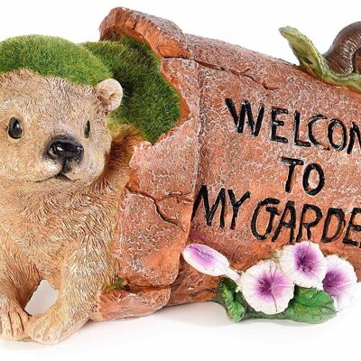 Garden decoration with hedgehog emerging from resin trunk and artificial grass ''Welcome to my garden''