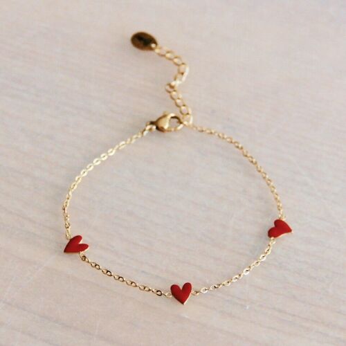 Stainless steel fine bracelet with 3 hearts – red/gold