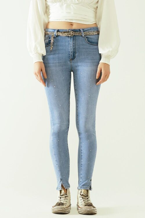 Five-pocket skinny jeans in stretch denim with strass detail all over