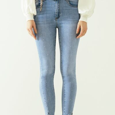 Jeans skinny cinque tasche in denim stretch con dettaglio strass all over