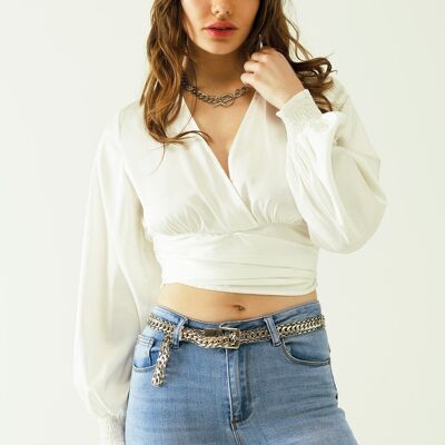 satin wrap crop top fitted at the waist in white