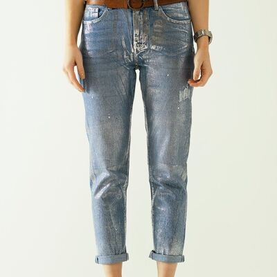 skinny blue jeans with metallic finish in light wash
