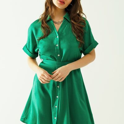 Kurzes, festes Kleid mit Gürtel und Knöpfen auf der linken Seite in Grün